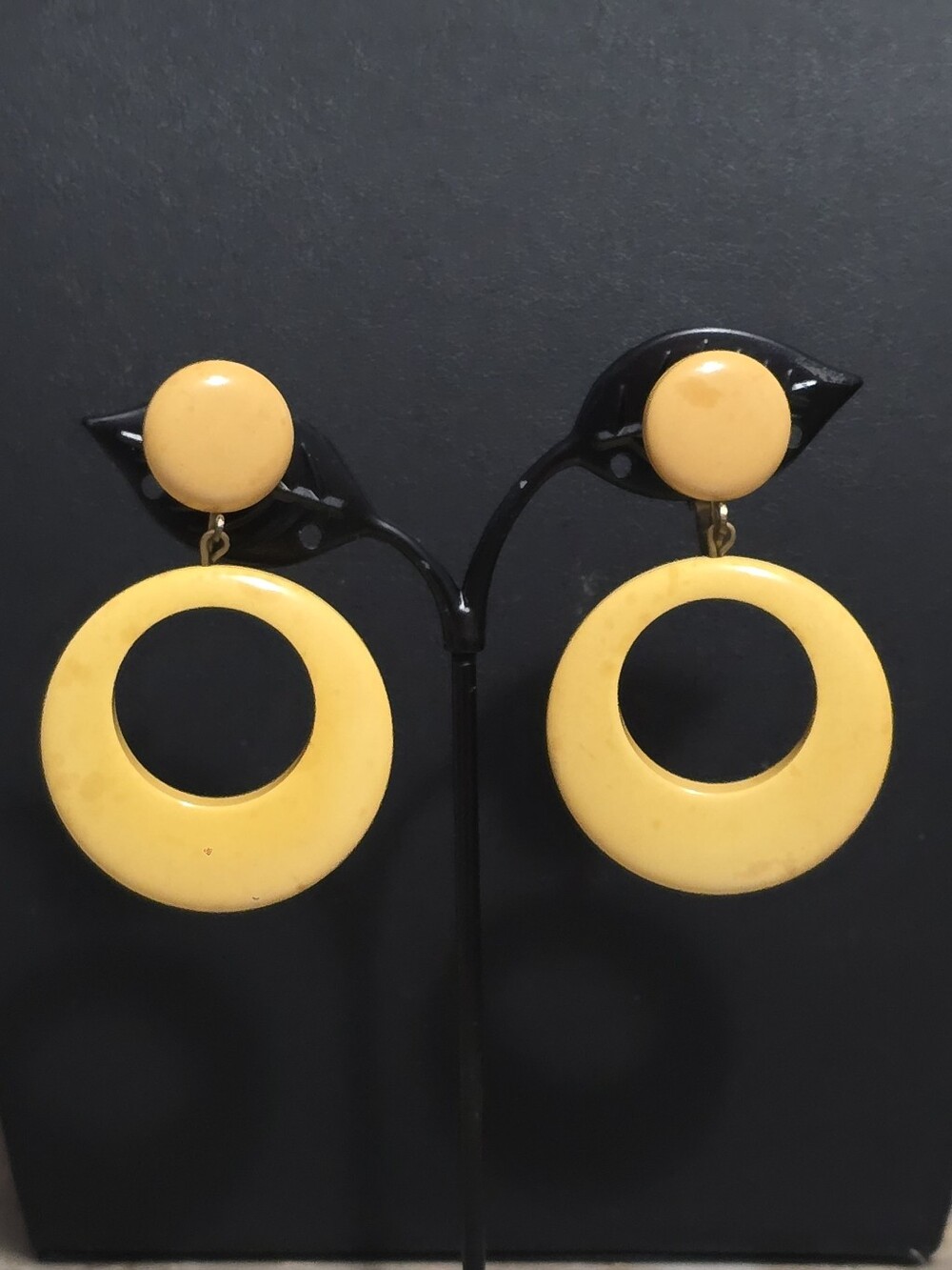 Bakelite Vintage Egg Yolk Butterscotch Art Deco Dangle Hoop Clip-On Earrings